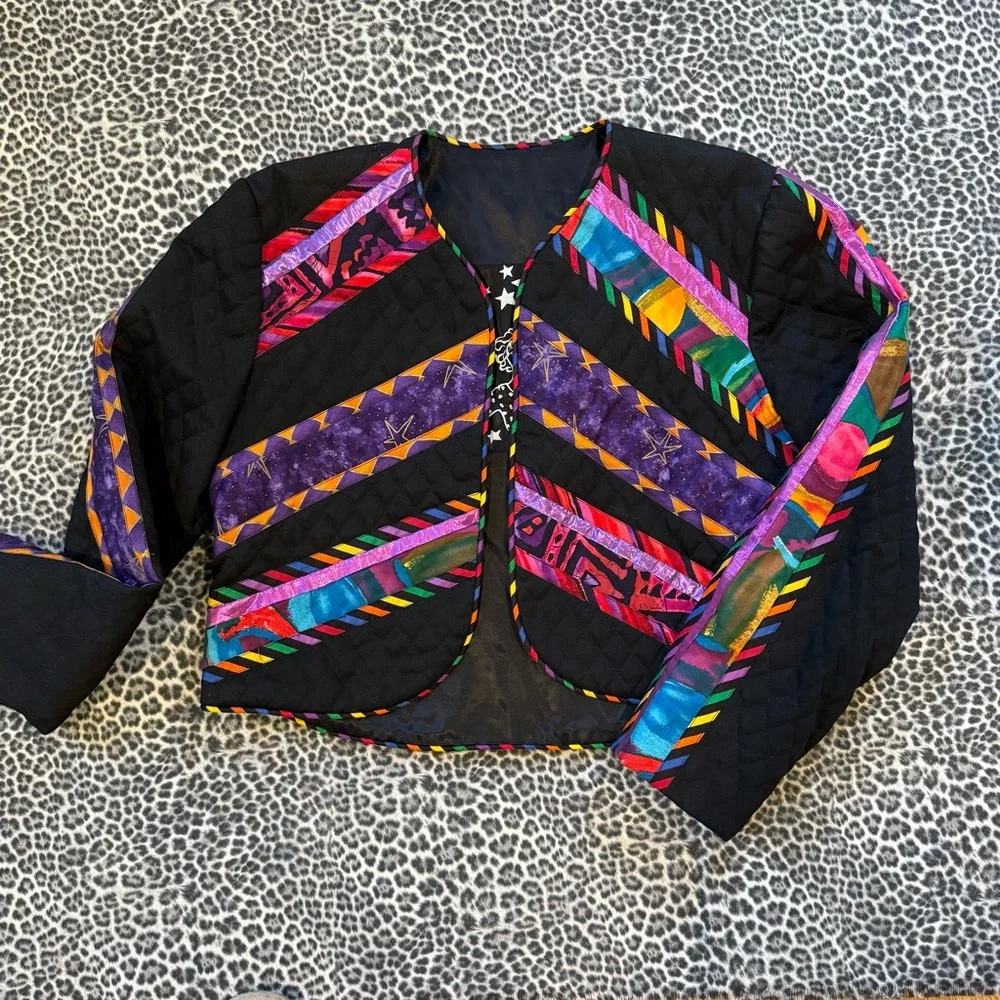 Marie Studer Design Vintage Colorful Quilted Geometric Cropped  Jacket USA Small